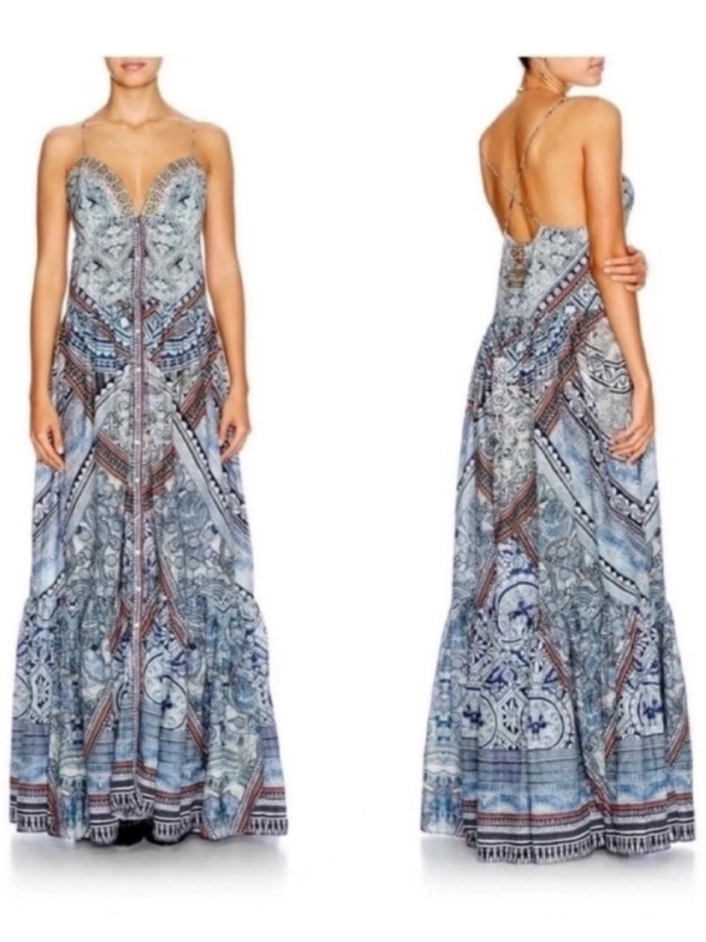 Camilla Tiered Shoestring Maxi Dress Blue Antique Batik - Picture 2 of 11